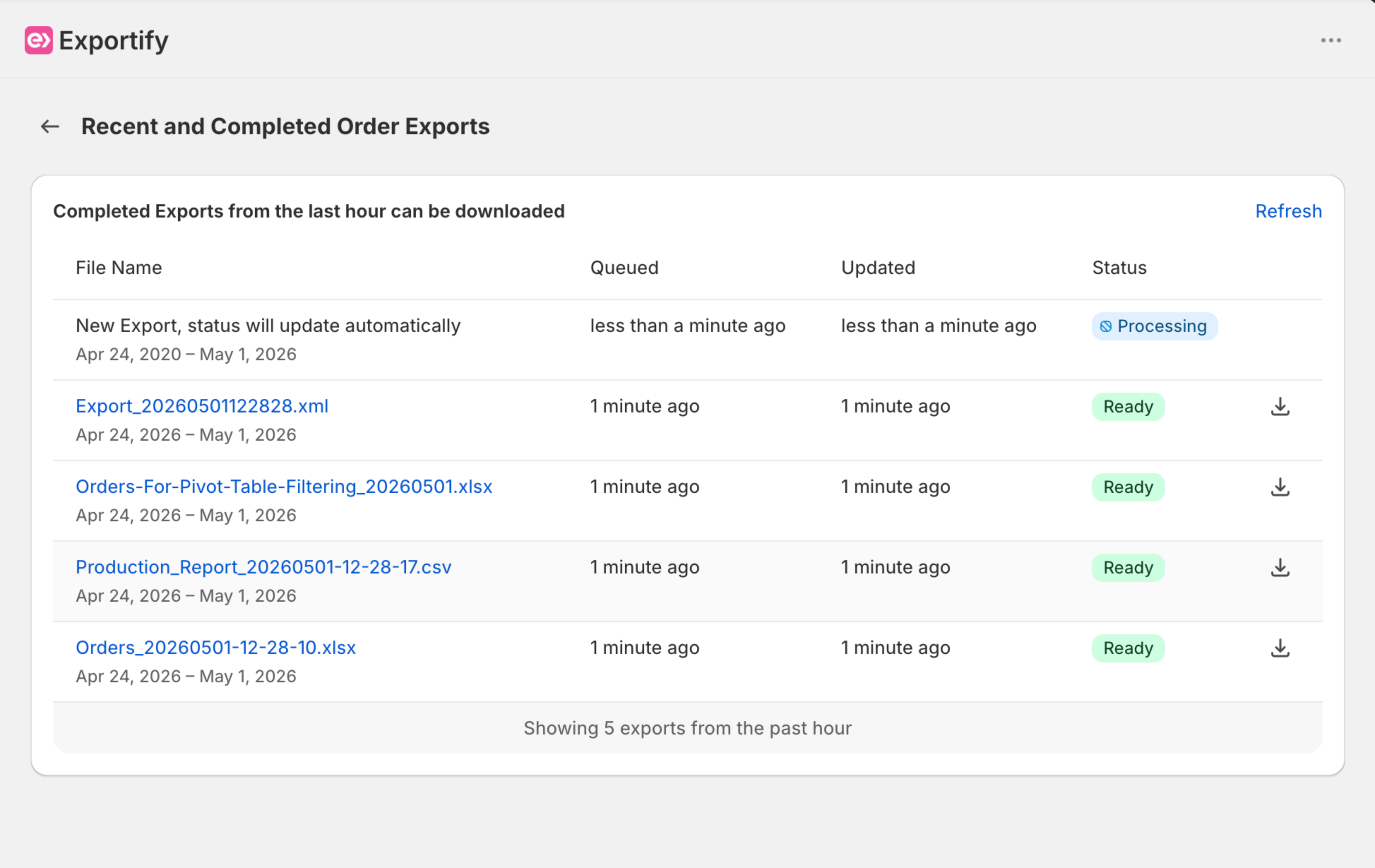 Exportify dashboard with recent and completed exports