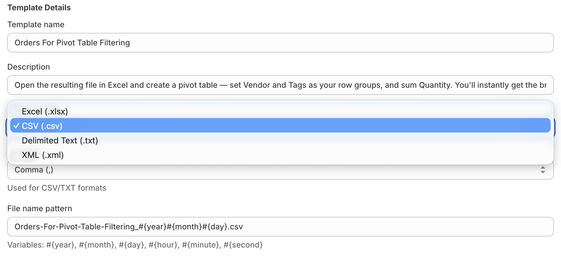 Choose Excel, CSV, Delimited Text, or XML output